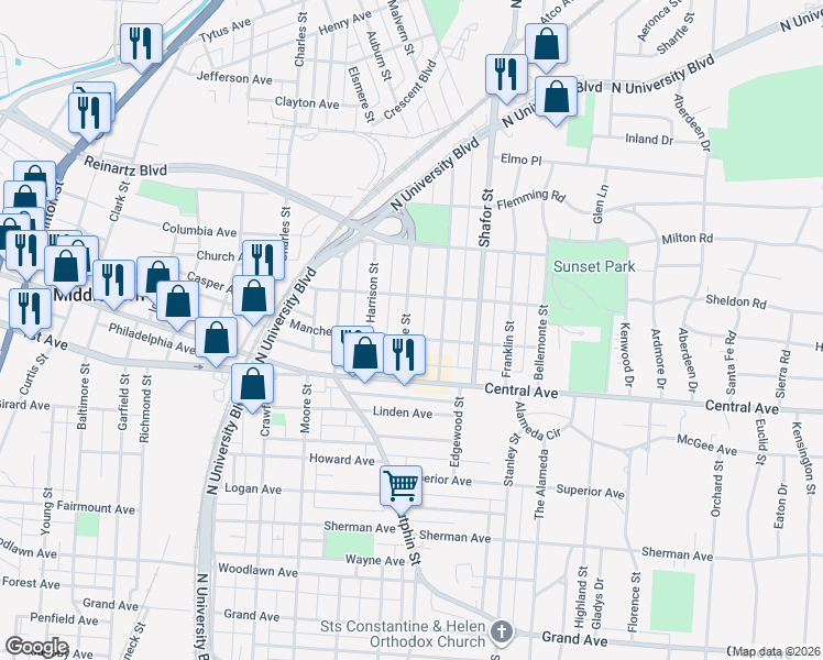 map of restaurants, bars, coffee shops, grocery stores, and more near 103 Monroe Street in Middletown