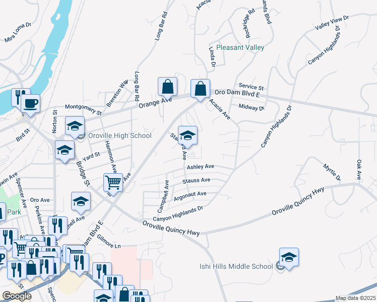 map of restaurants, bars, coffee shops, grocery stores, and more near 1801 Stanford Avenue in Oroville