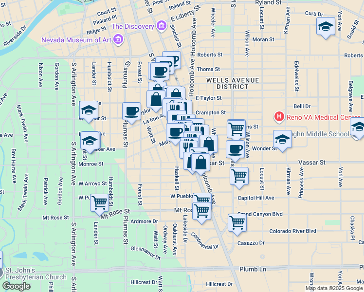 map of restaurants, bars, coffee shops, grocery stores, and more near 1001 South Virginia Street in Reno