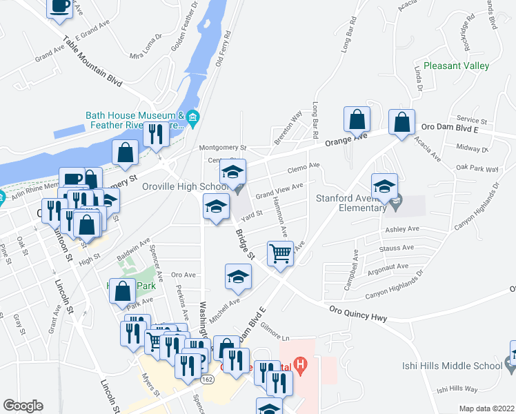 map of restaurants, bars, coffee shops, grocery stores, and more near 1659 Linden Avenue in Oroville