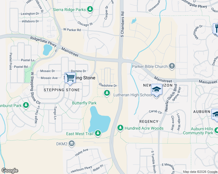 map of restaurants, bars, coffee shops, grocery stores, and more near 11102 Fossil Find Lane in Parker
