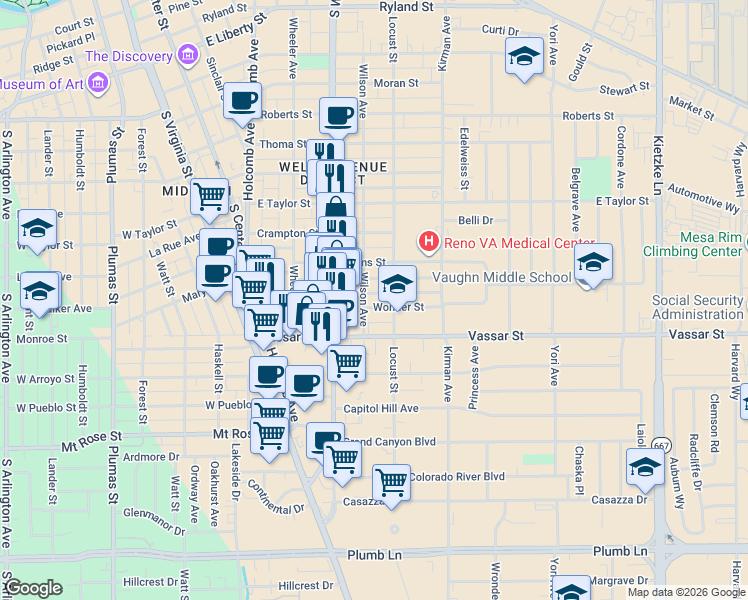 map of restaurants, bars, coffee shops, grocery stores, and more near 1107 Wilson Avenue in Reno