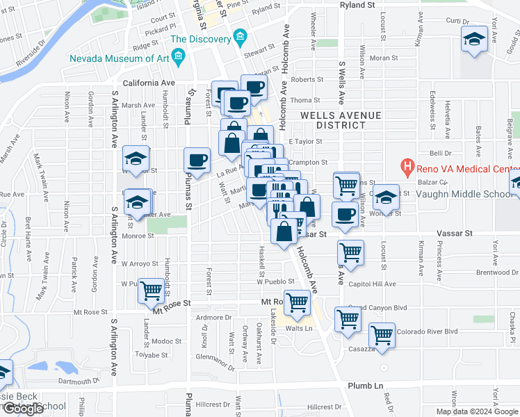map of restaurants, bars, coffee shops, grocery stores, and more near 1001 South Virginia Street in Reno