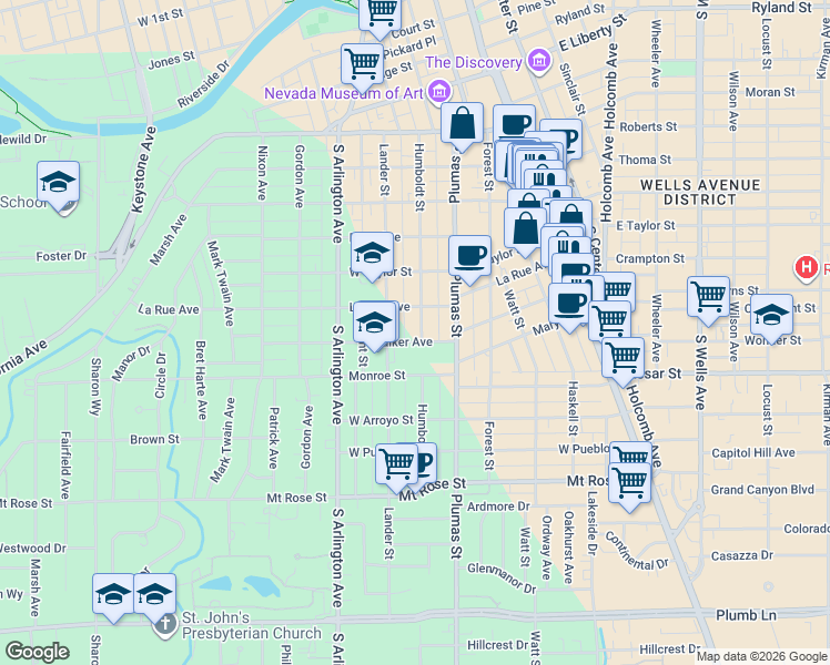 map of restaurants, bars, coffee shops, grocery stores, and more near 1035 Humboldt Street in Reno