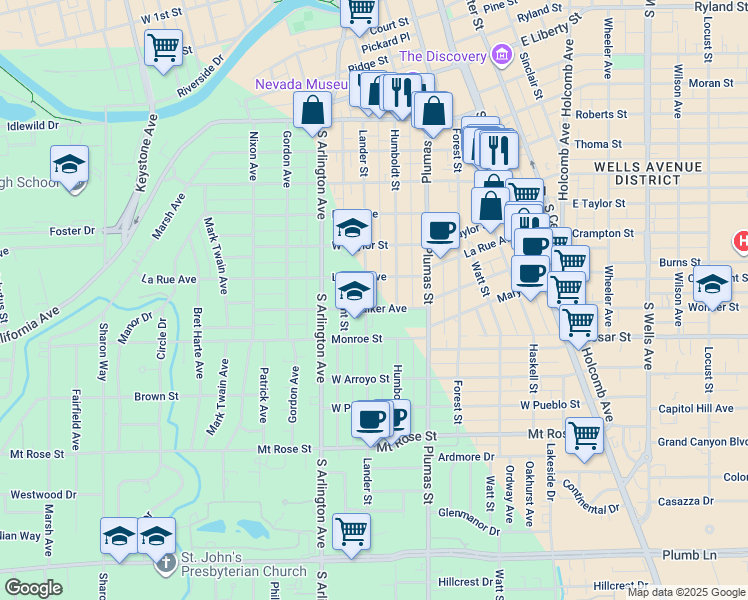 map of restaurants, bars, coffee shops, grocery stores, and more near 1019 Lander Street in Reno
