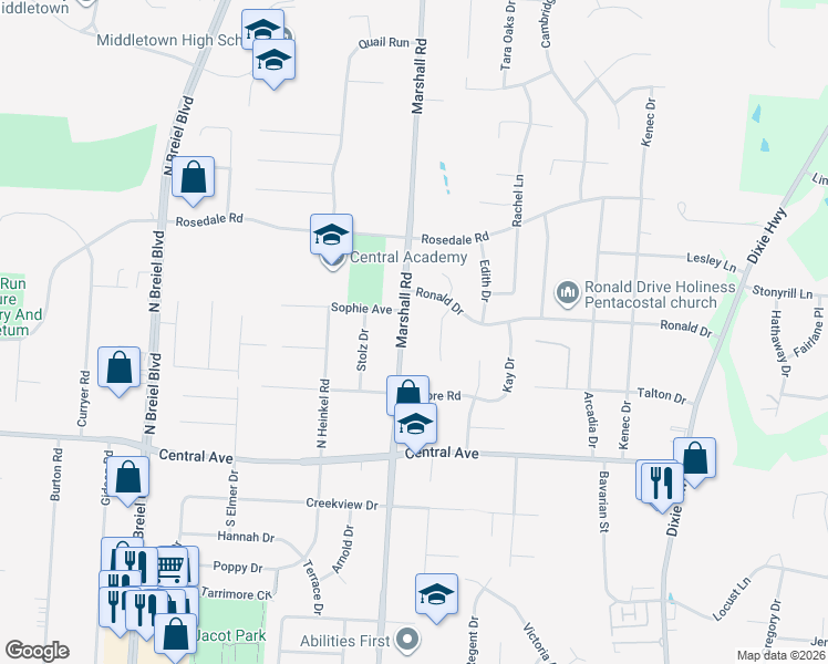 map of restaurants, bars, coffee shops, grocery stores, and more near 128 Marshall Road in Middletown