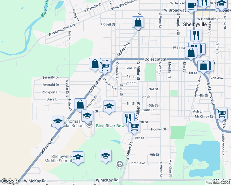 map of restaurants, bars, coffee shops, grocery stores, and more near 1110 Parker Avenue in Shelbyville