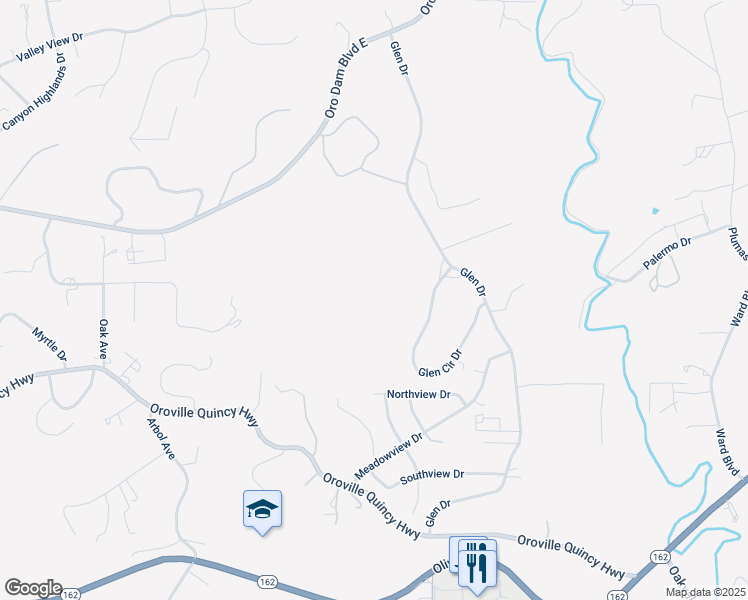 map of restaurants, bars, coffee shops, grocery stores, and more near 20 Glen Circle Drive in Oroville