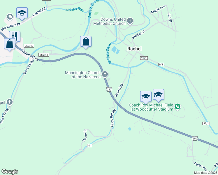 map of restaurants, bars, coffee shops, grocery stores, and more near 4674 Husky Highway in Mannington