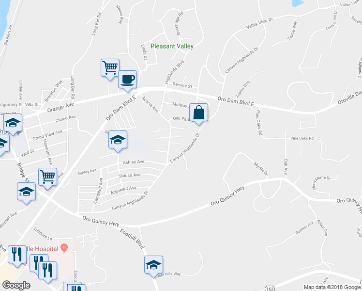 map of restaurants, bars, coffee shops, grocery stores, and more near 6 Donna Street in Oroville