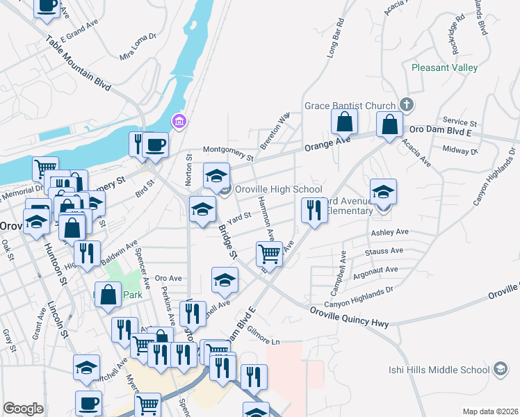 map of restaurants, bars, coffee shops, grocery stores, and more near 1680 Hammon Avenue in Oroville