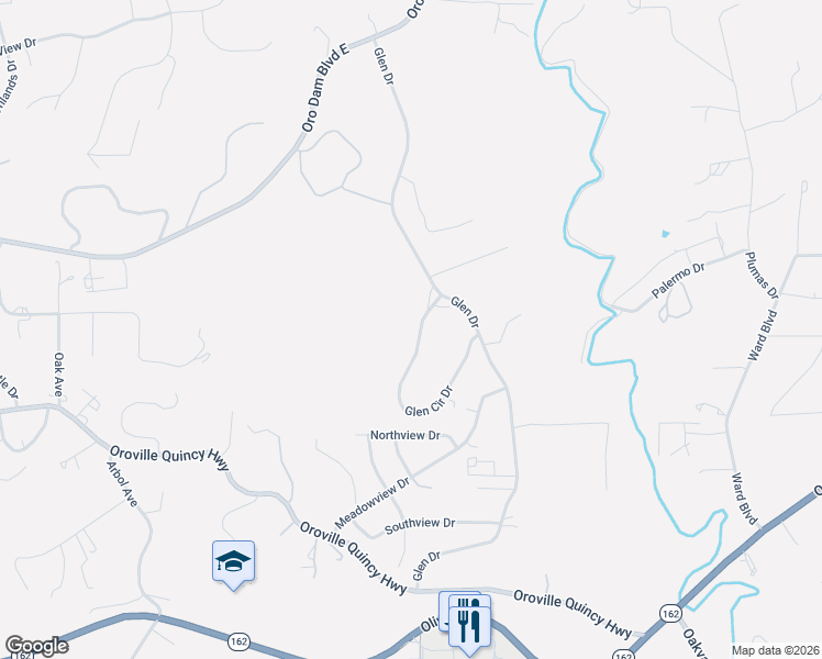 map of restaurants, bars, coffee shops, grocery stores, and more near 20 Glen Circle Drive in Oroville