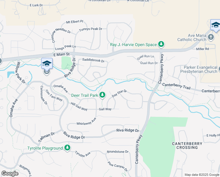 map of restaurants, bars, coffee shops, grocery stores, and more near 11240 Gallahadion Court in Parker
