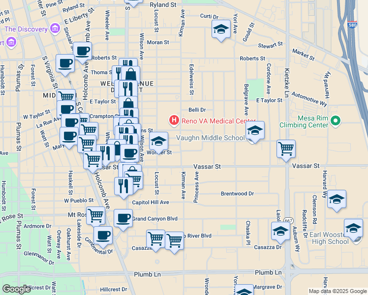 map of restaurants, bars, coffee shops, grocery stores, and more near 760 Balzar Circle in Reno