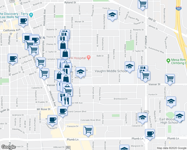 map of restaurants, bars, coffee shops, grocery stores, and more near 706 Claremont Circle in Reno