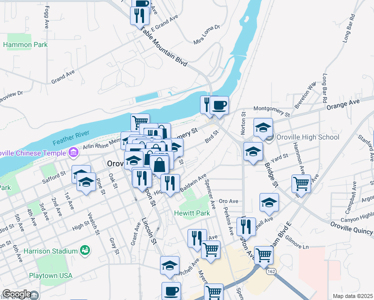map of restaurants, bars, coffee shops, grocery stores, and more near 2251 Montgomery Street in Oroville