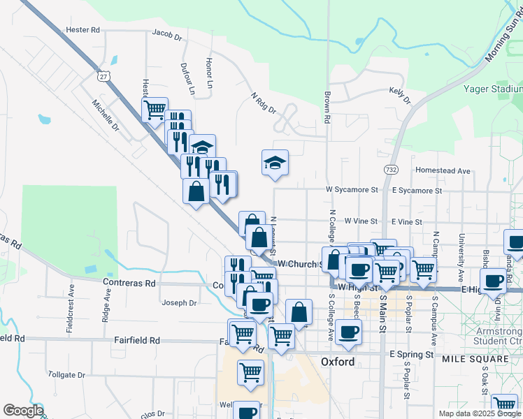 map of restaurants, bars, coffee shops, grocery stores, and more near 420 West Vine Street in Oxford
