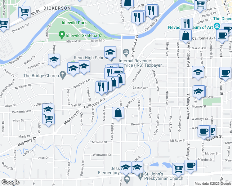 map of restaurants, bars, coffee shops, grocery stores, and more near 1142 California Avenue in Reno