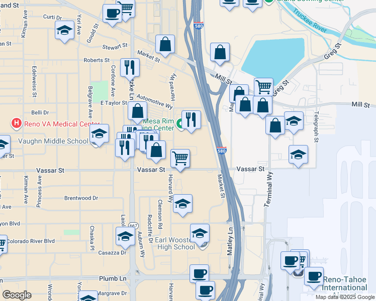 map of restaurants, bars, coffee shops, grocery stores, and more near 1000 Harvard Way in Reno