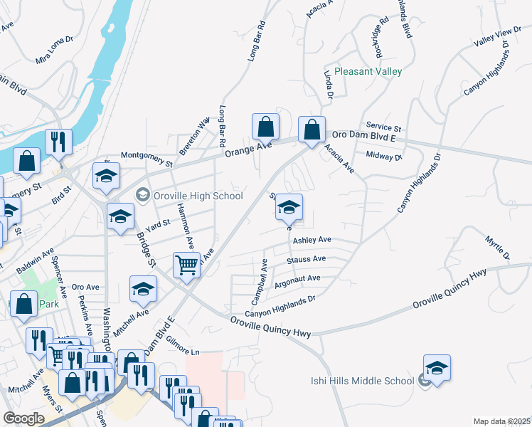 map of restaurants, bars, coffee shops, grocery stores, and more near 20 Pamela Jane Court in Oroville