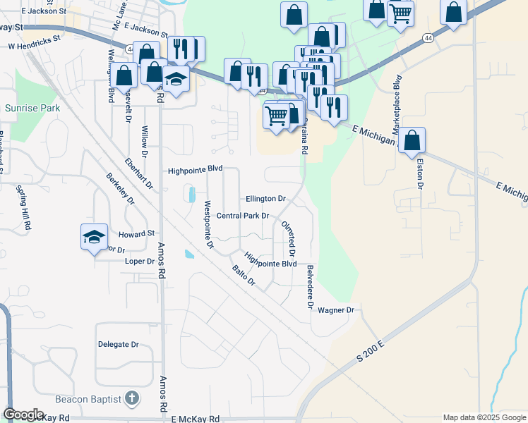 map of restaurants, bars, coffee shops, grocery stores, and more near 1326 Central Park Drive in Shelbyville