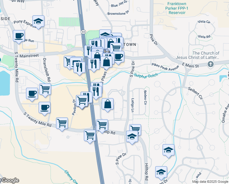 map of restaurants, bars, coffee shops, grocery stores, and more near 19725 Clubhouse Drive in Parker