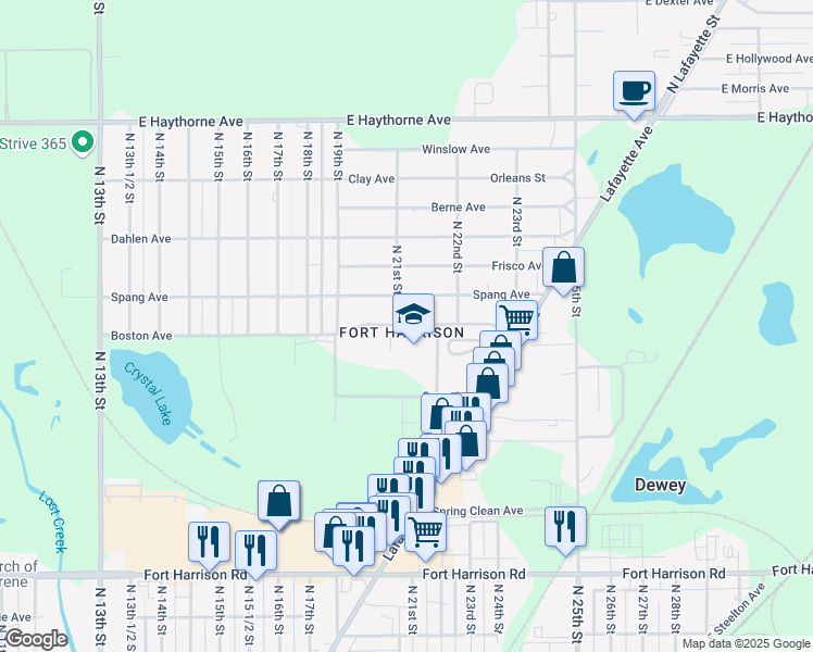 map of restaurants, bars, coffee shops, grocery stores, and more near 2121 Boston Avenue in Terre Haute