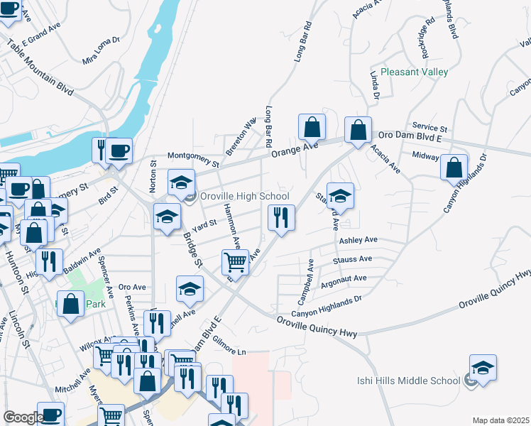 map of restaurants, bars, coffee shops, grocery stores, and more near 1717 Boynton Avenue in Oroville