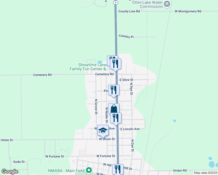 map of restaurants, bars, coffee shops, grocery stores, and more near 1117 North Noble Street in Virden