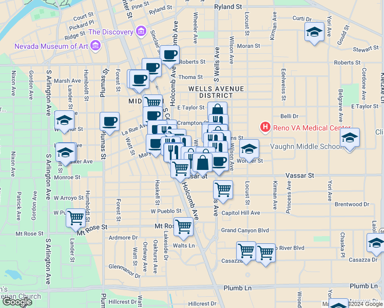 map of restaurants, bars, coffee shops, grocery stores, and more near 1135 Wheeler Avenue in Reno