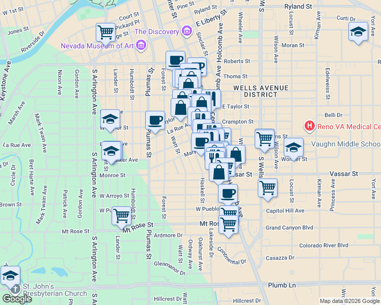 map of restaurants, bars, coffee shops, grocery stores, and more near 125 Mary Street in Reno