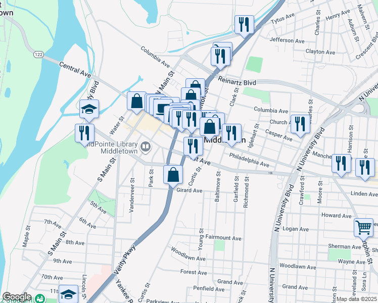 map of restaurants, bars, coffee shops, grocery stores, and more near 30 South Clinton Street in Middletown