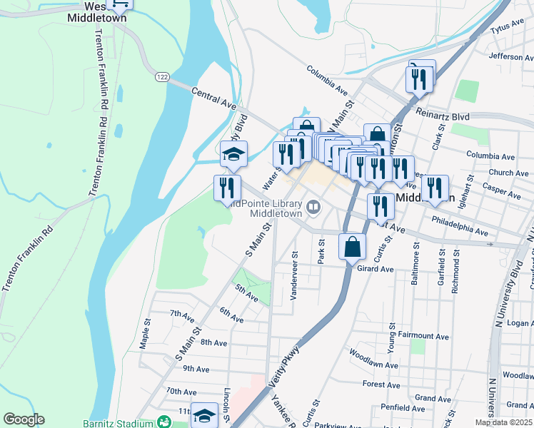 map of restaurants, bars, coffee shops, grocery stores, and more near 204 South Main Street in Middletown