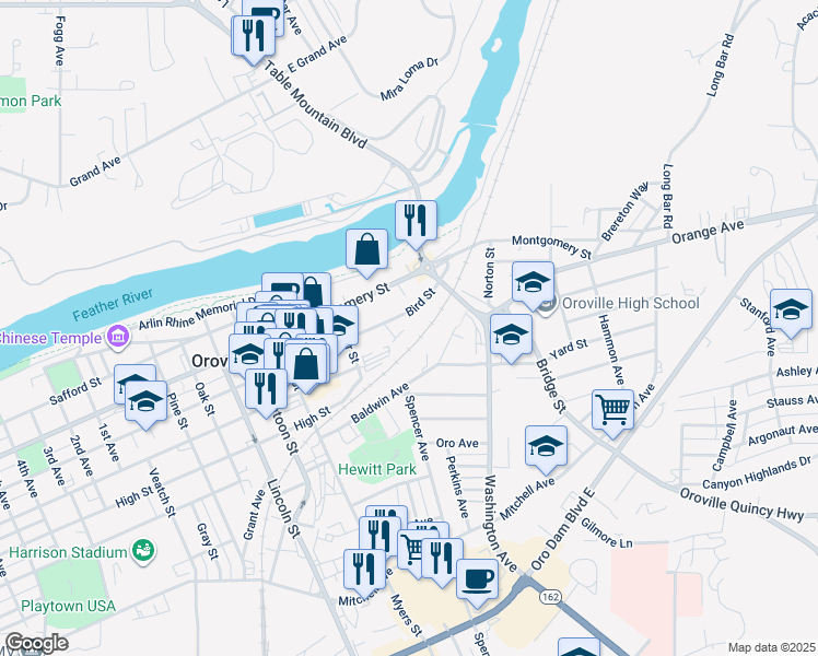 map of restaurants, bars, coffee shops, grocery stores, and more near 2330 Bird Street in Oroville