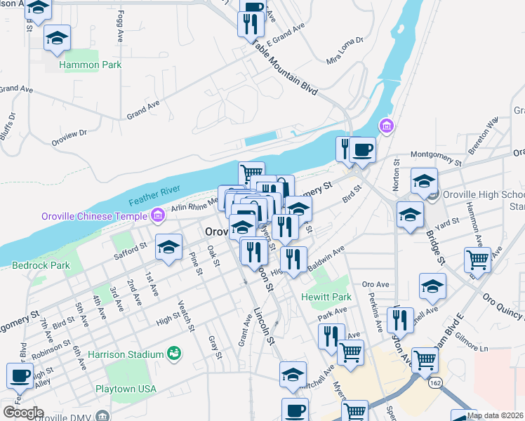 map of restaurants, bars, coffee shops, grocery stores, and more near 2034 Montgomery Street in Oroville