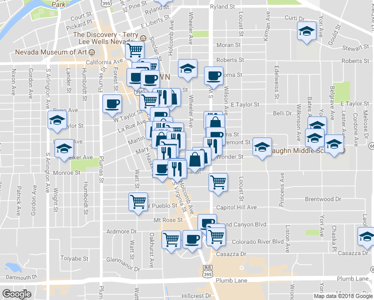 map of restaurants, bars, coffee shops, grocery stores, and more near 175 Wonder Street in Reno