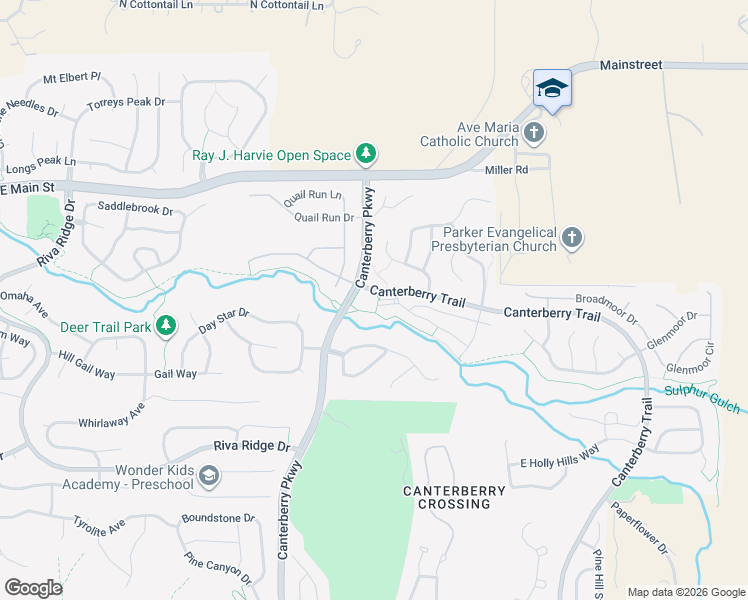 map of restaurants, bars, coffee shops, grocery stores, and more near 22500 Canterberry Trail in Parker