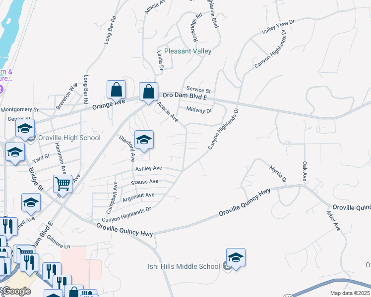 map of restaurants, bars, coffee shops, grocery stores, and more near Acacia Avenue & Donna Street in Oroville
