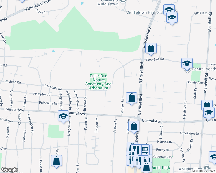 map of restaurants, bars, coffee shops, grocery stores, and more near 4105 Rosedale Road in Middletown