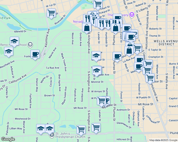 map of restaurants, bars, coffee shops, grocery stores, and more near 1015 South Arlington Avenue in Reno