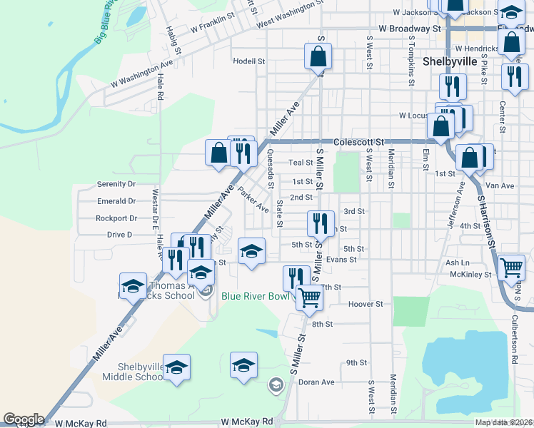 map of restaurants, bars, coffee shops, grocery stores, and more near 1110 Parker Avenue in Shelbyville