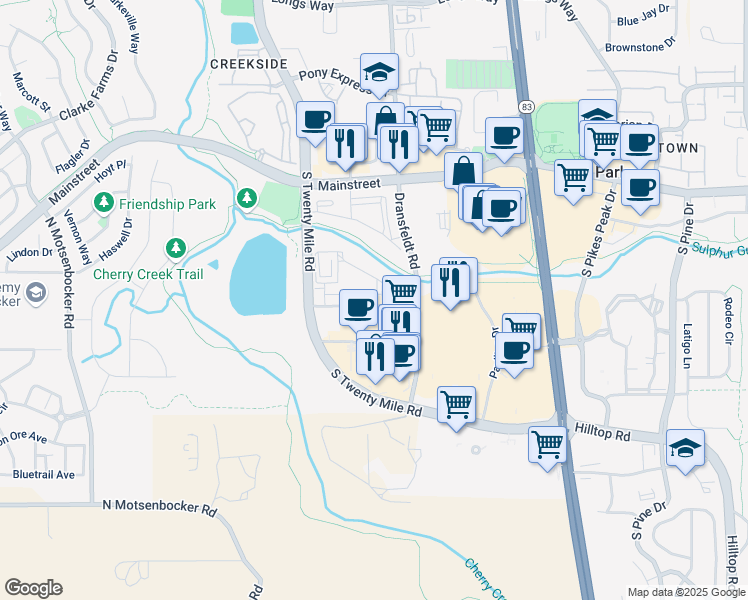 map of restaurants, bars, coffee shops, grocery stores, and more near 11044 South Twenty Mile Road in Parker