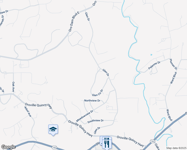 map of restaurants, bars, coffee shops, grocery stores, and more near 20 Glen Circle Drive in Oroville