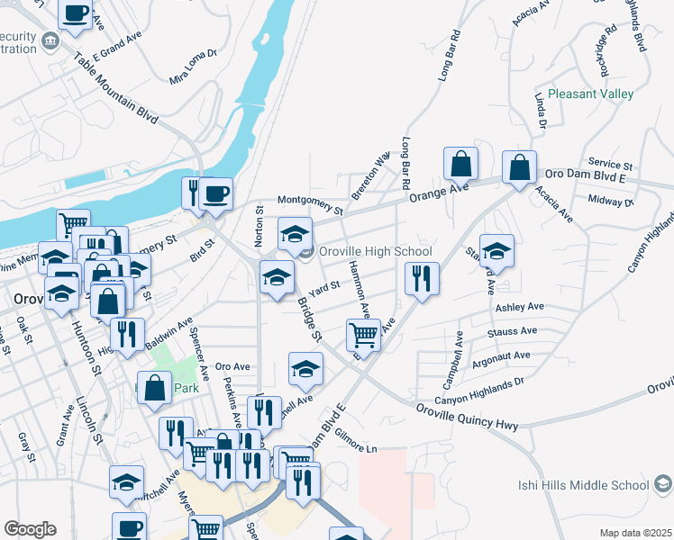 map of restaurants, bars, coffee shops, grocery stores, and more near 2945 Grand View Ave in Oroville