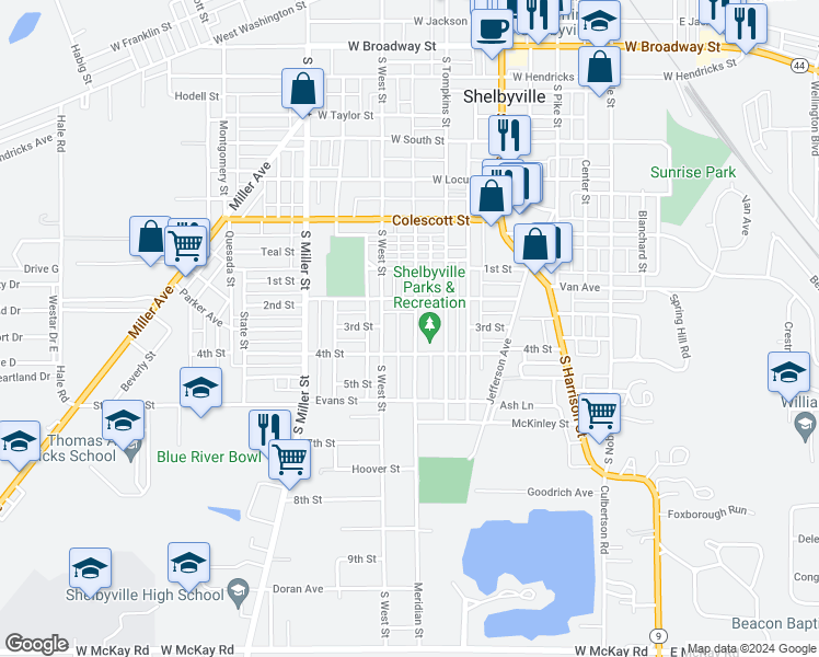 map of restaurants, bars, coffee shops, grocery stores, and more near 1031 Meridian Street in Shelbyville