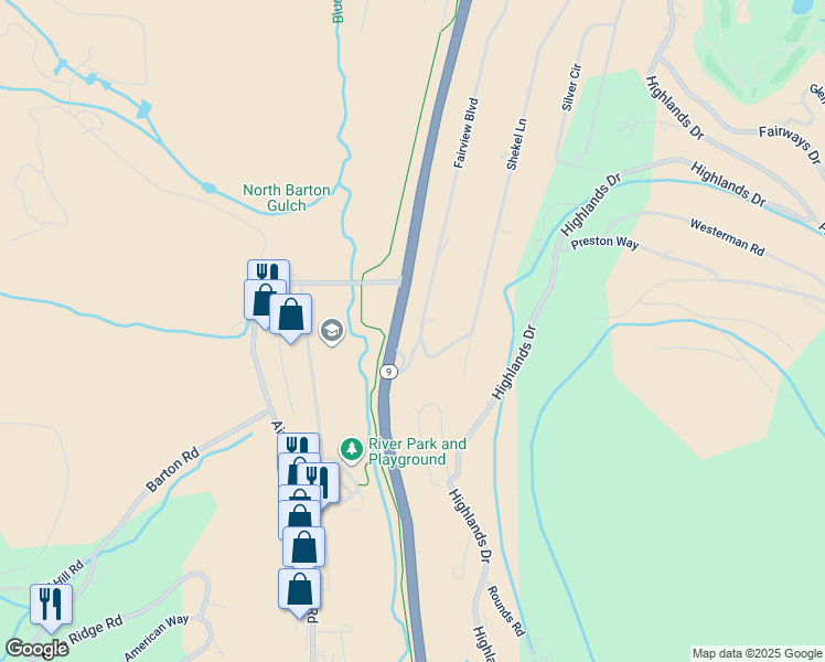 map of restaurants, bars, coffee shops, grocery stores, and more near 101 Fairview Boulevard in Breckenridge