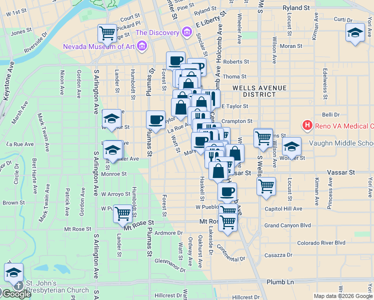 map of restaurants, bars, coffee shops, grocery stores, and more near 125 Mary Street in Reno