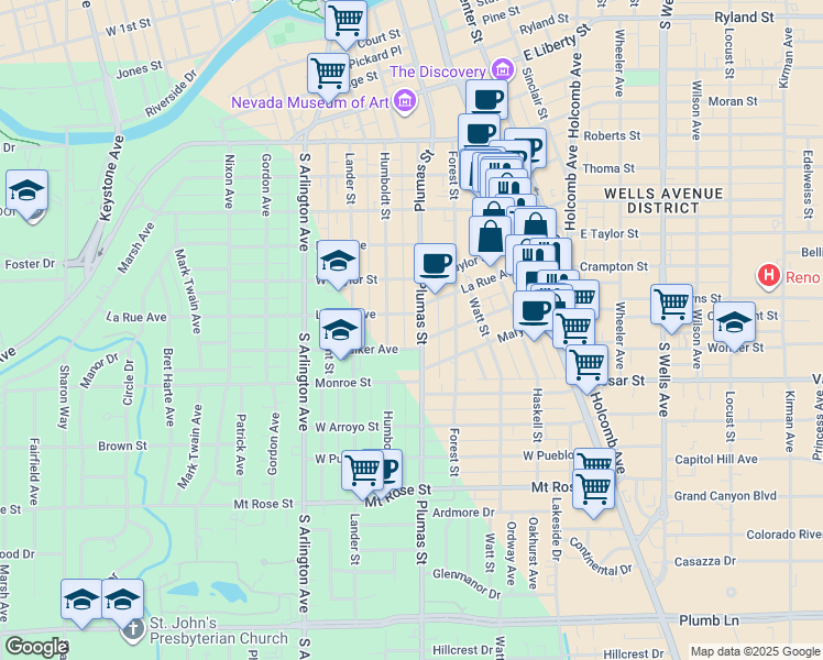 map of restaurants, bars, coffee shops, grocery stores, and more near 1020 Plumas Street in Reno