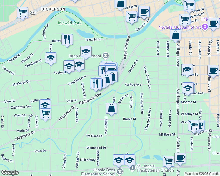 map of restaurants, bars, coffee shops, grocery stores, and more near 1132 California Avenue in Reno
