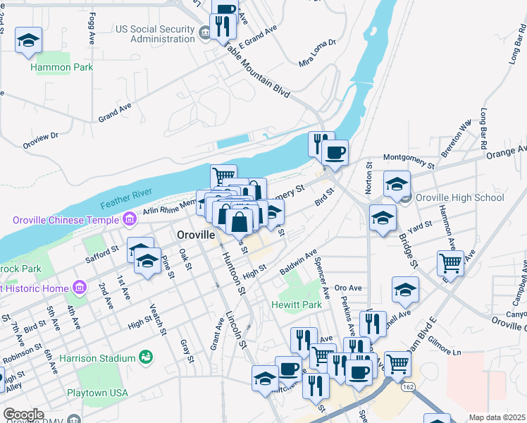 map of restaurants, bars, coffee shops, grocery stores, and more near 2121 State Highway 70 Bus in Oroville